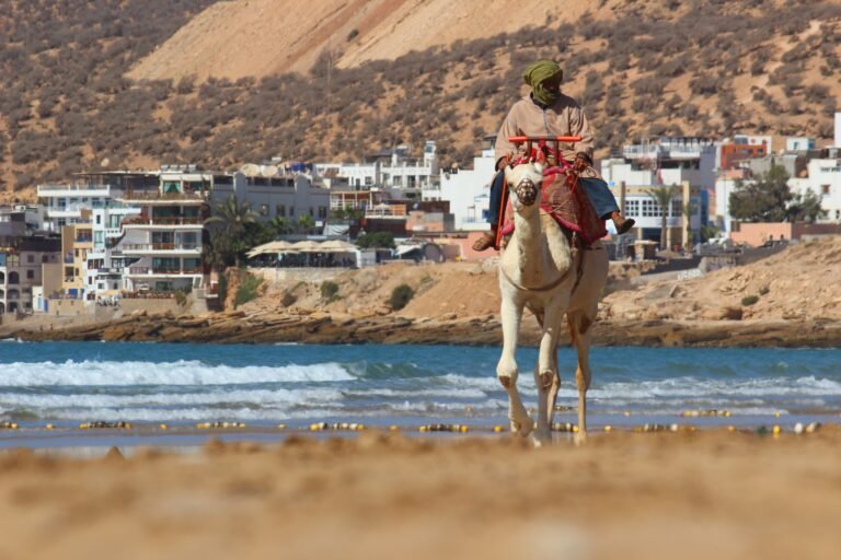 Scenic view of life in Tamraght Morocco featuring surfers walking to Croco Beach near Sable Beach Surf Camp and Amigos Café.